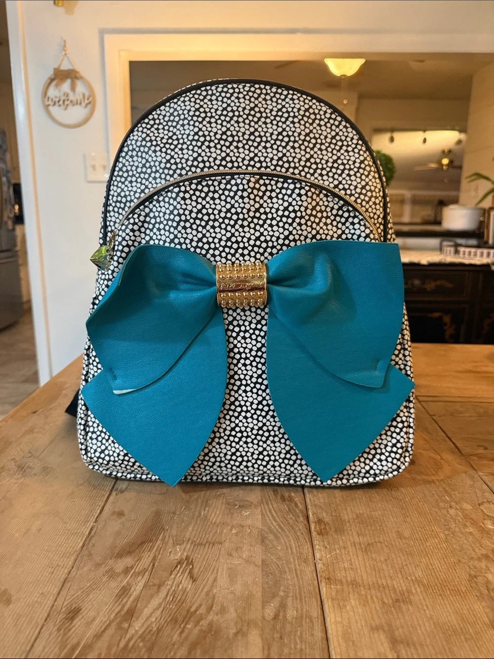 Betsey Johnson Black & White Polka Dot Backpack with Teal Bow